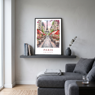 Paris France Travel Poster — Eiffel Tower Street Cafe Print