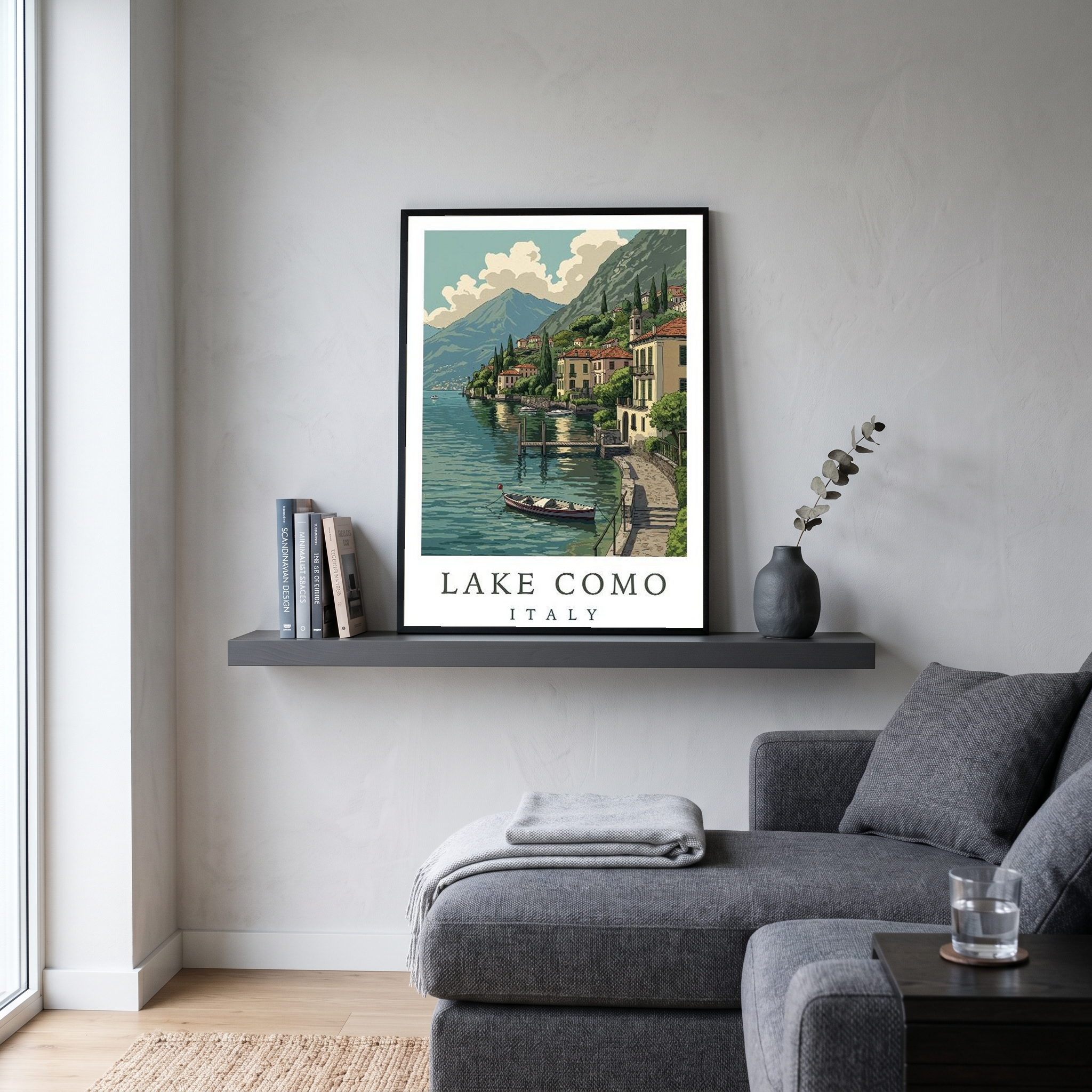 Lake Como Italy Travel Poster — Lakeside Village Boat Landscape Print