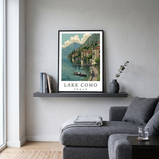 Lake Como Italy Travel Poster — Lakeside Village Boat Landscape Print