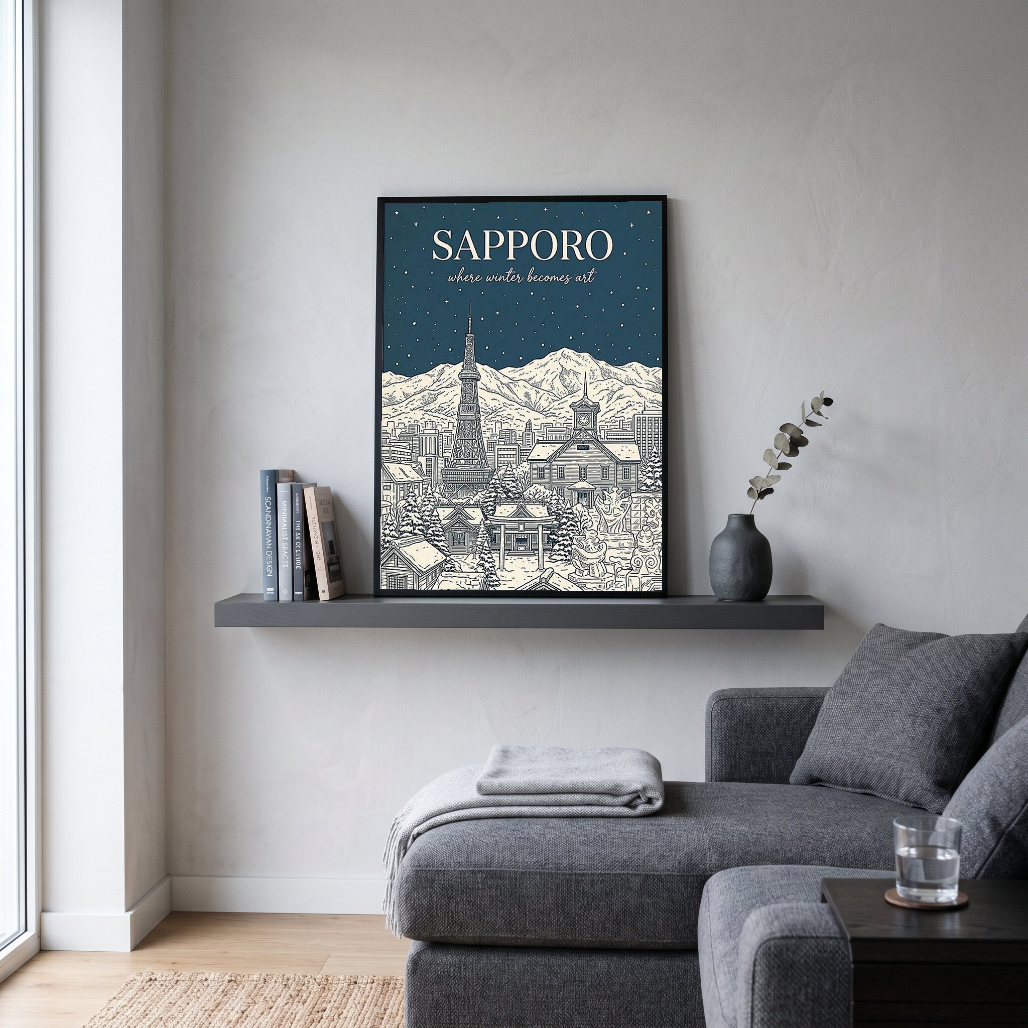 Sapporo Line Art Print — Steel Blue Snow Festival TV Tower Wall Art