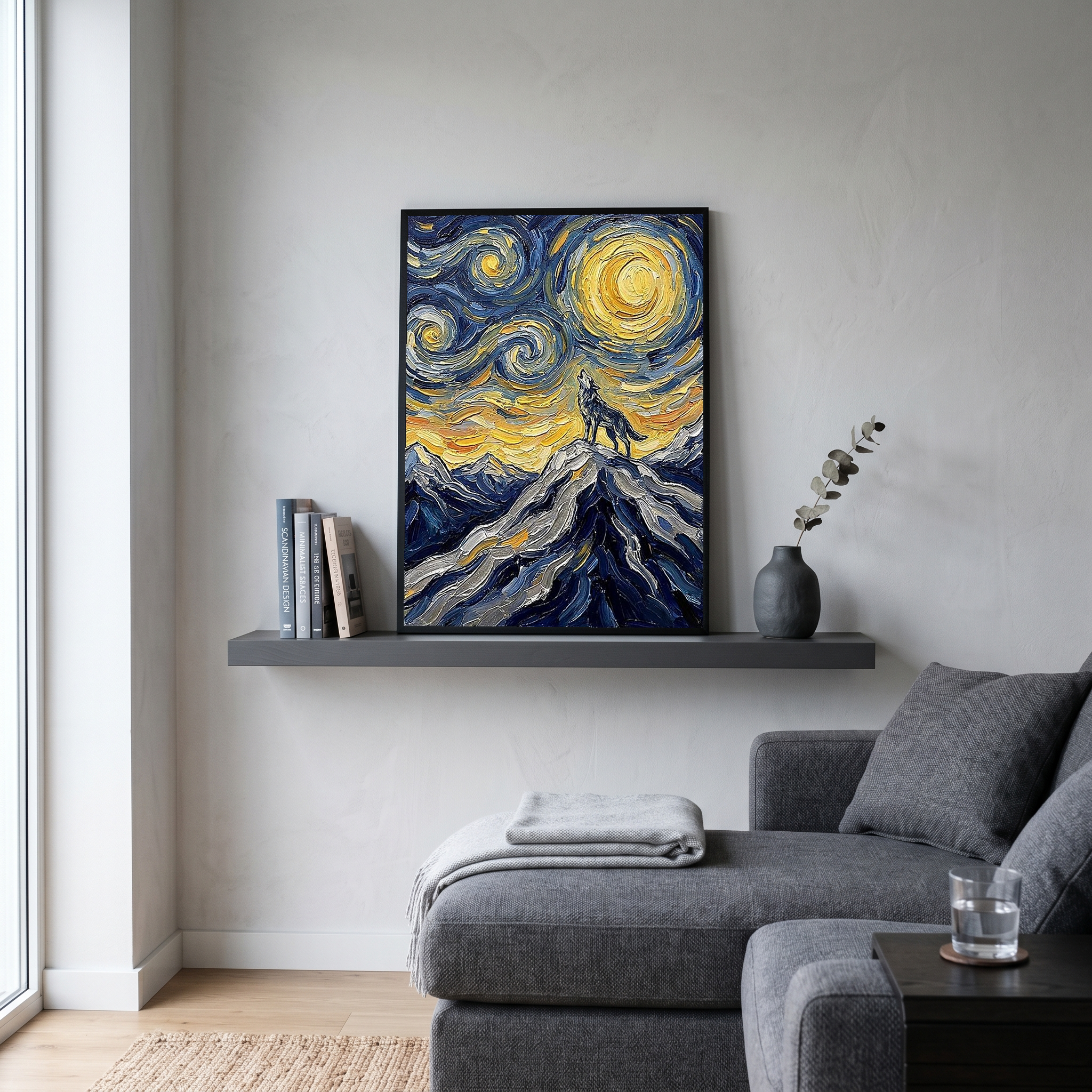 Lone Wolf Howling Mountain Peak Print — Van Gogh Starry Night Wall Art