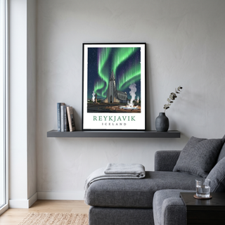 Reykjavik Iceland Travel Poster — Hallgrímskirkja Northern Lights Print