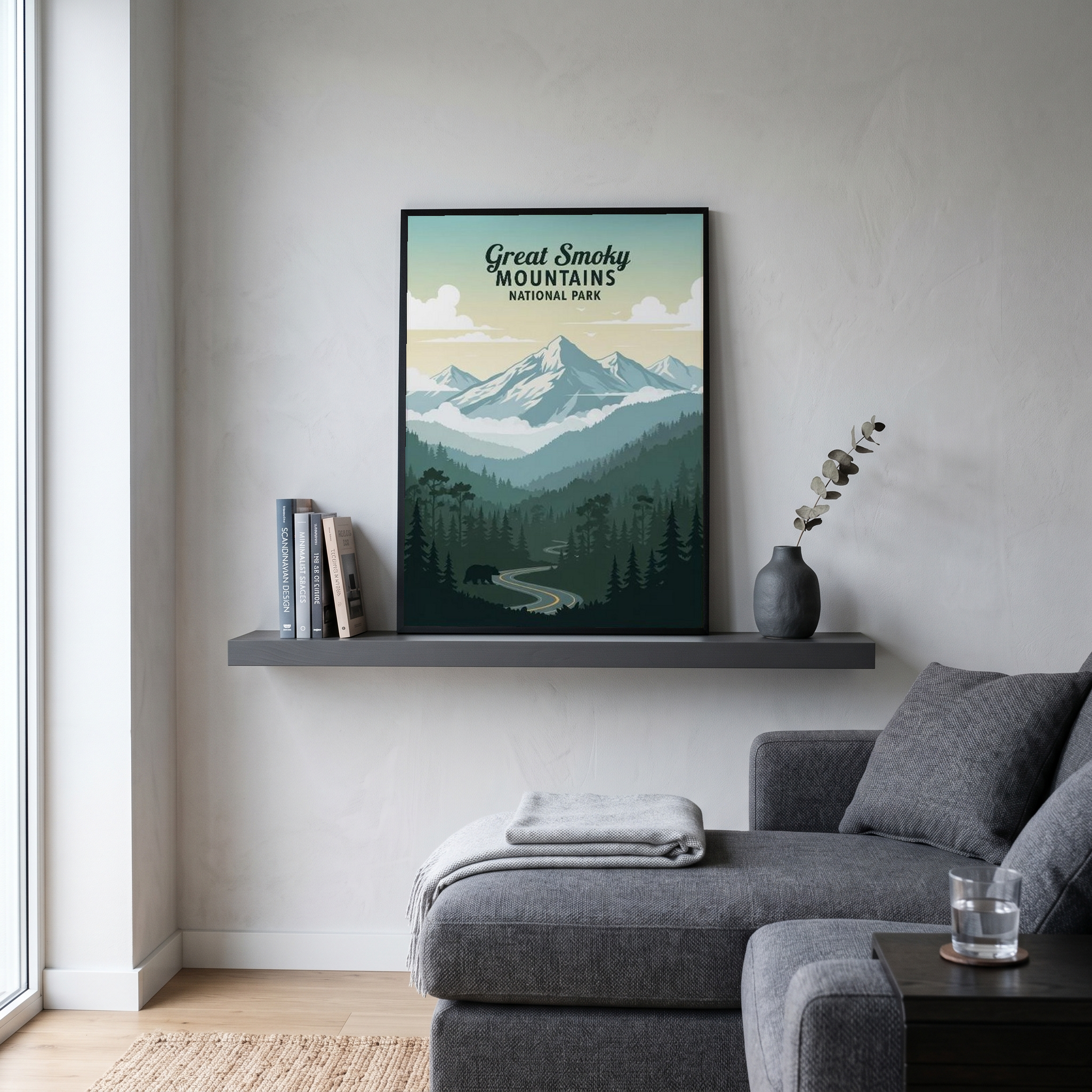 Great Smoky Mountains National Park Poster — Vintage Black Bear Foggy Ridges Print