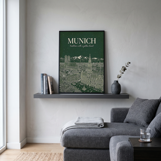 Munich Line Art Print — Forest Green Frauenkirche Marienplatz Skyline Wall Art