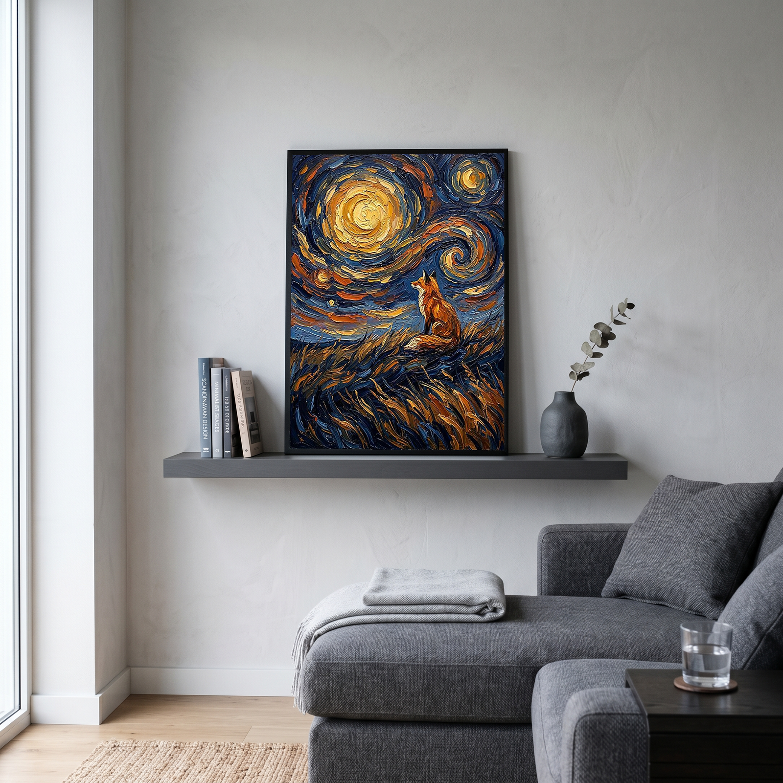 Lone Fox Starry Night Print — Van Gogh-Style Wildlife Hillside Wall Art