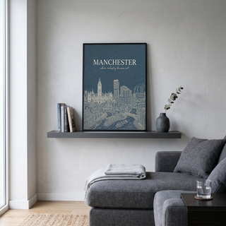 Manchester Line Art Print — Slate Blue Town Hall Industrial Skyline Wall Art