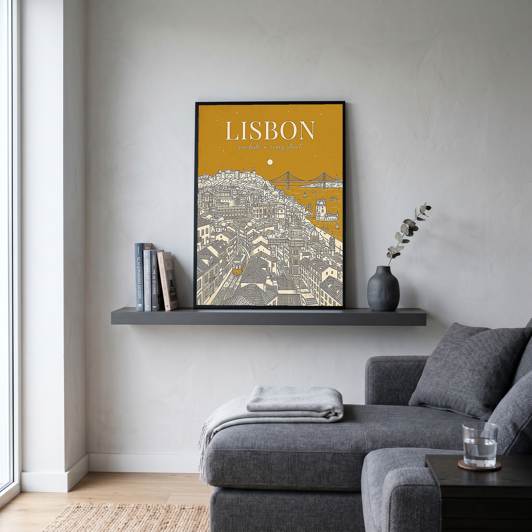 Lisbon Line Art Print — Mustard Yellow Tram Belém Tower Skyline Wall Art