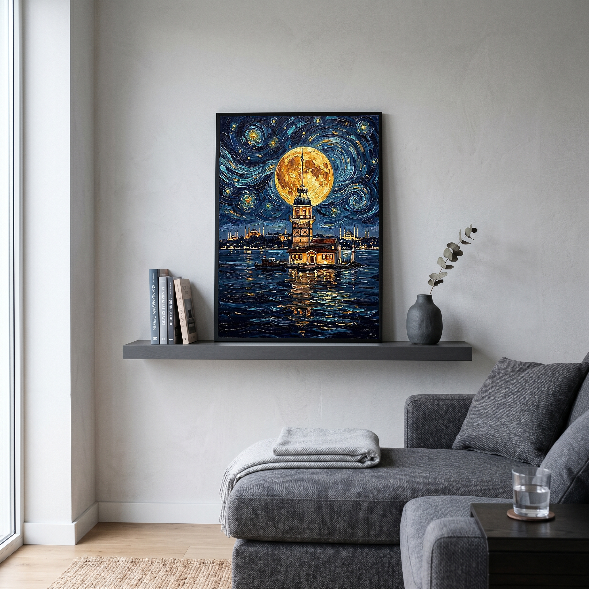 Maiden Tower Istanbul Full Moon Print — Van Gogh-Style Skyline Wall Art