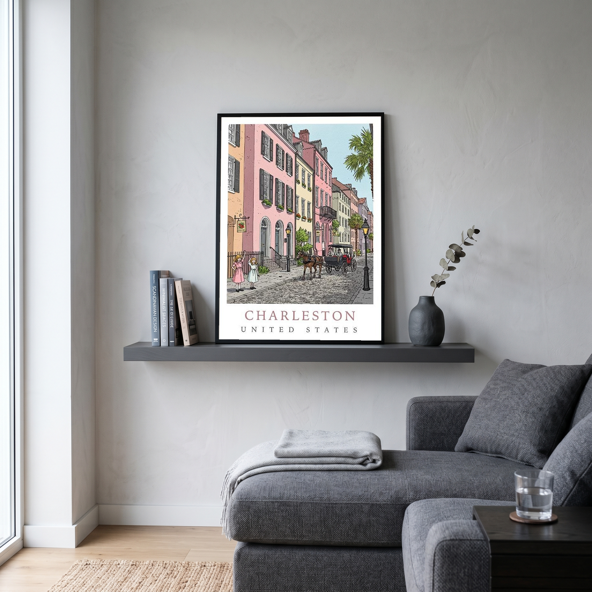 Charleston SC Travel Poster — Rainbow Row Carriage Ride Pastel Print