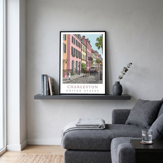 Charleston SC Travel Poster — Rainbow Row Carriage Ride Pastel Print