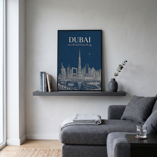 Dubai Line Art Print — Navy Burj Khalifa Skyline Wall Art