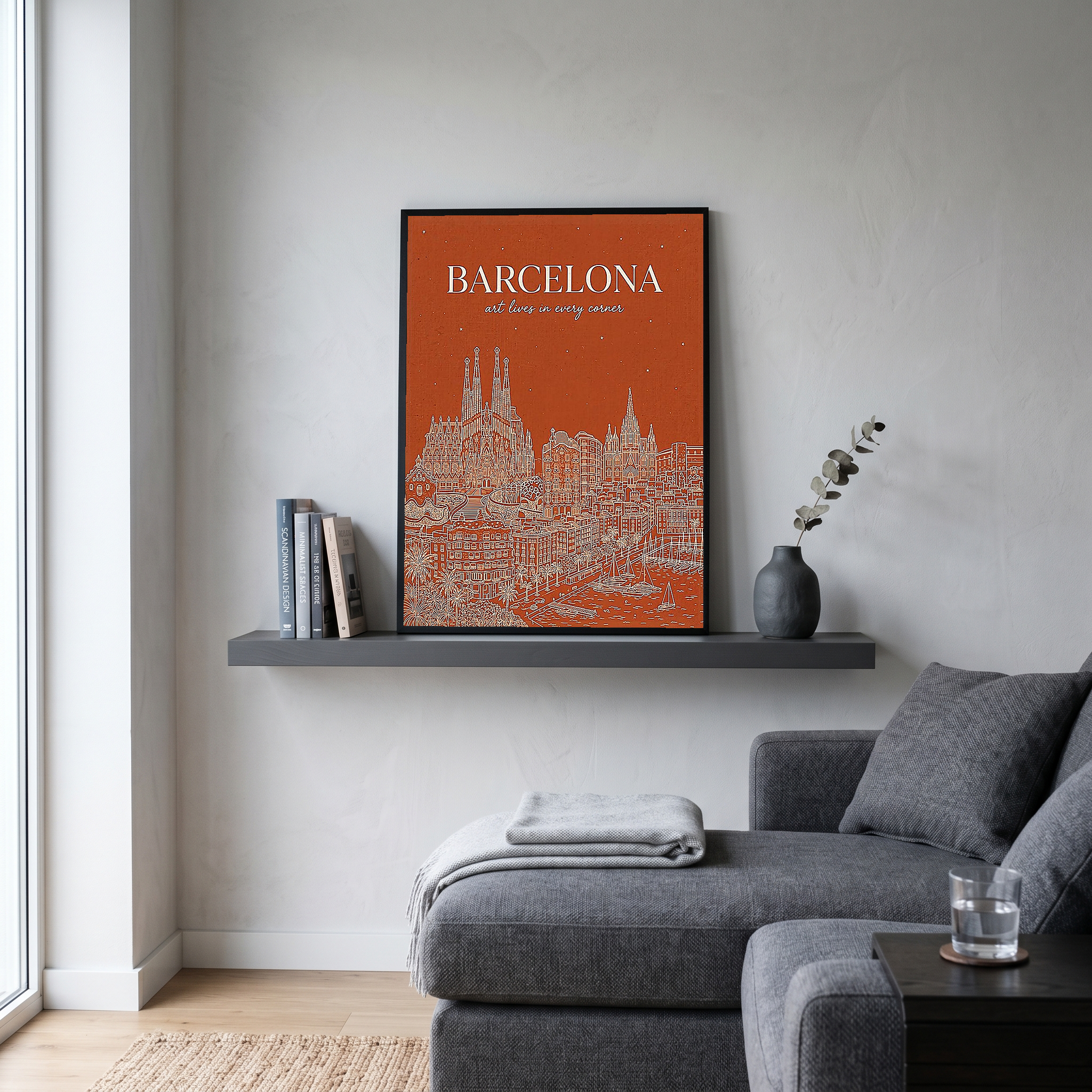 Barcelona Line Art Print — Burnt Orange Sagrada Familia Skyline Wall Art