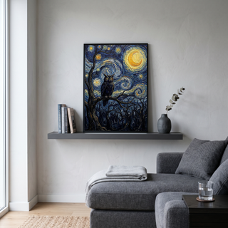 Wise Owl Starry Night Print — Van Gogh-Style Mystical Forest Wall Art