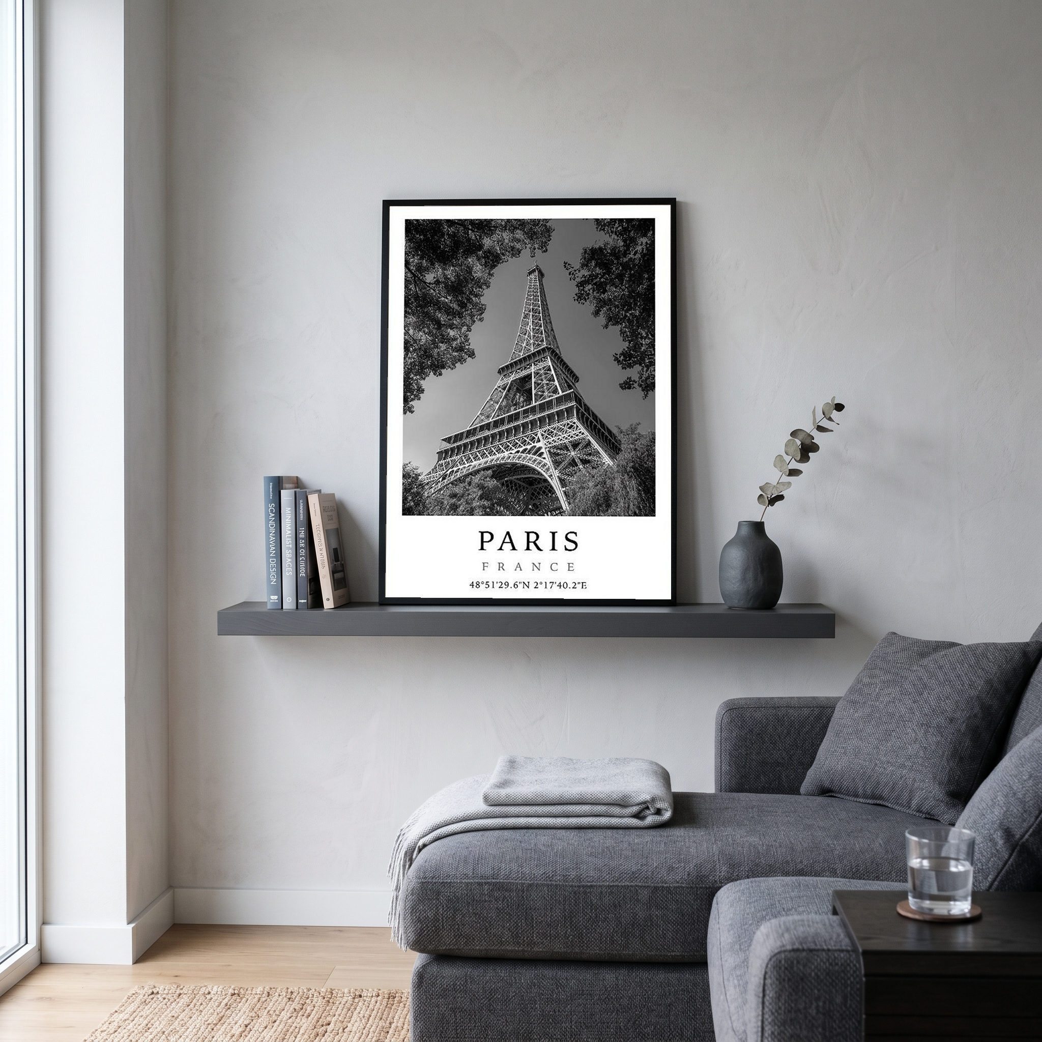 Paris Eiffel Tower Poster — Black and White France Coordinates Print