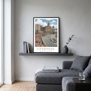 Liverpool England Travel Poster — Pier Head Liver Building Waterfront Print