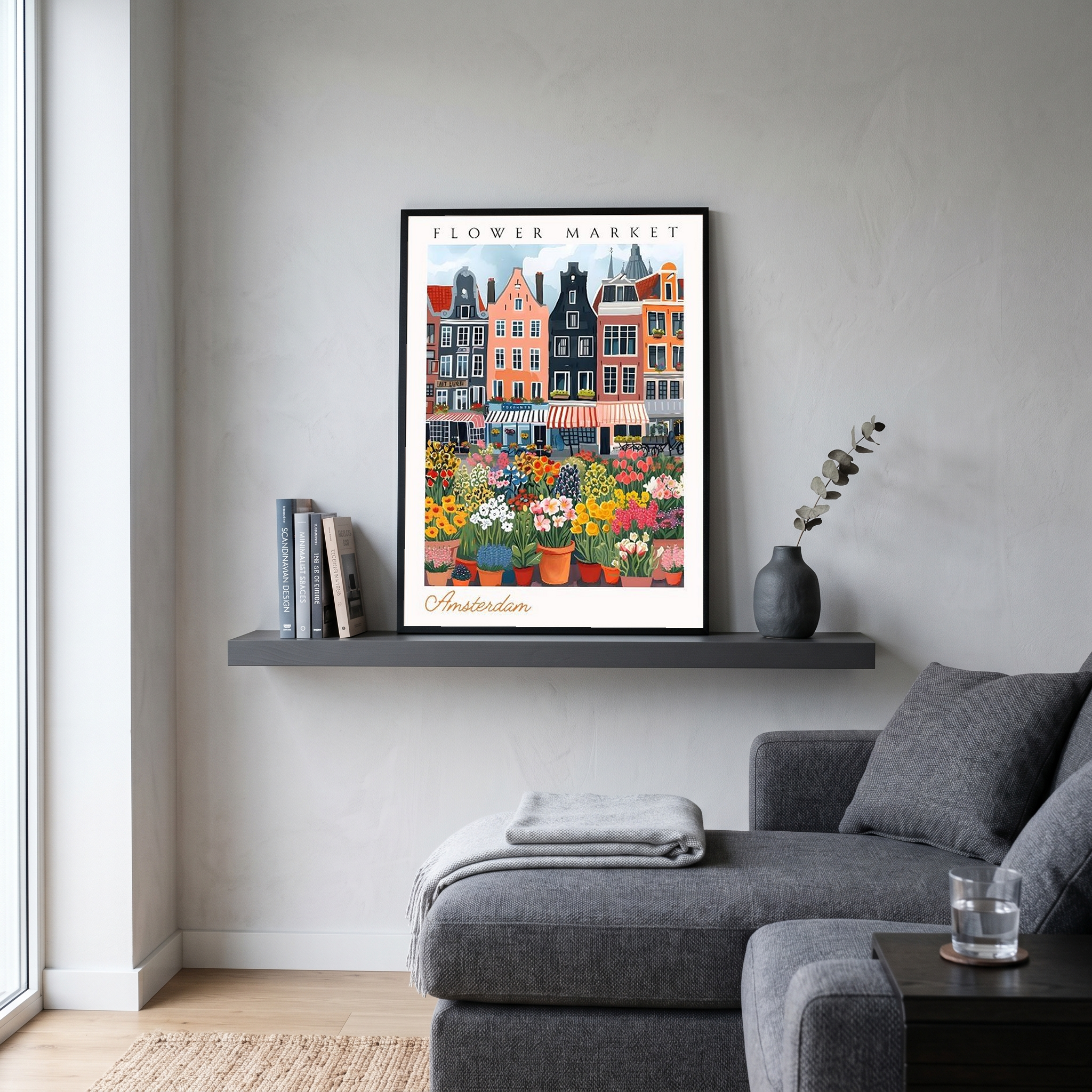 Amsterdam Flower Market Print — Canal Houses Tulip Cityscape Art