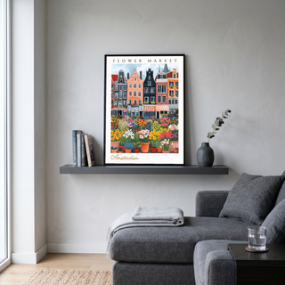 Amsterdam Flower Market Print — Canal Houses Tulip Cityscape Art