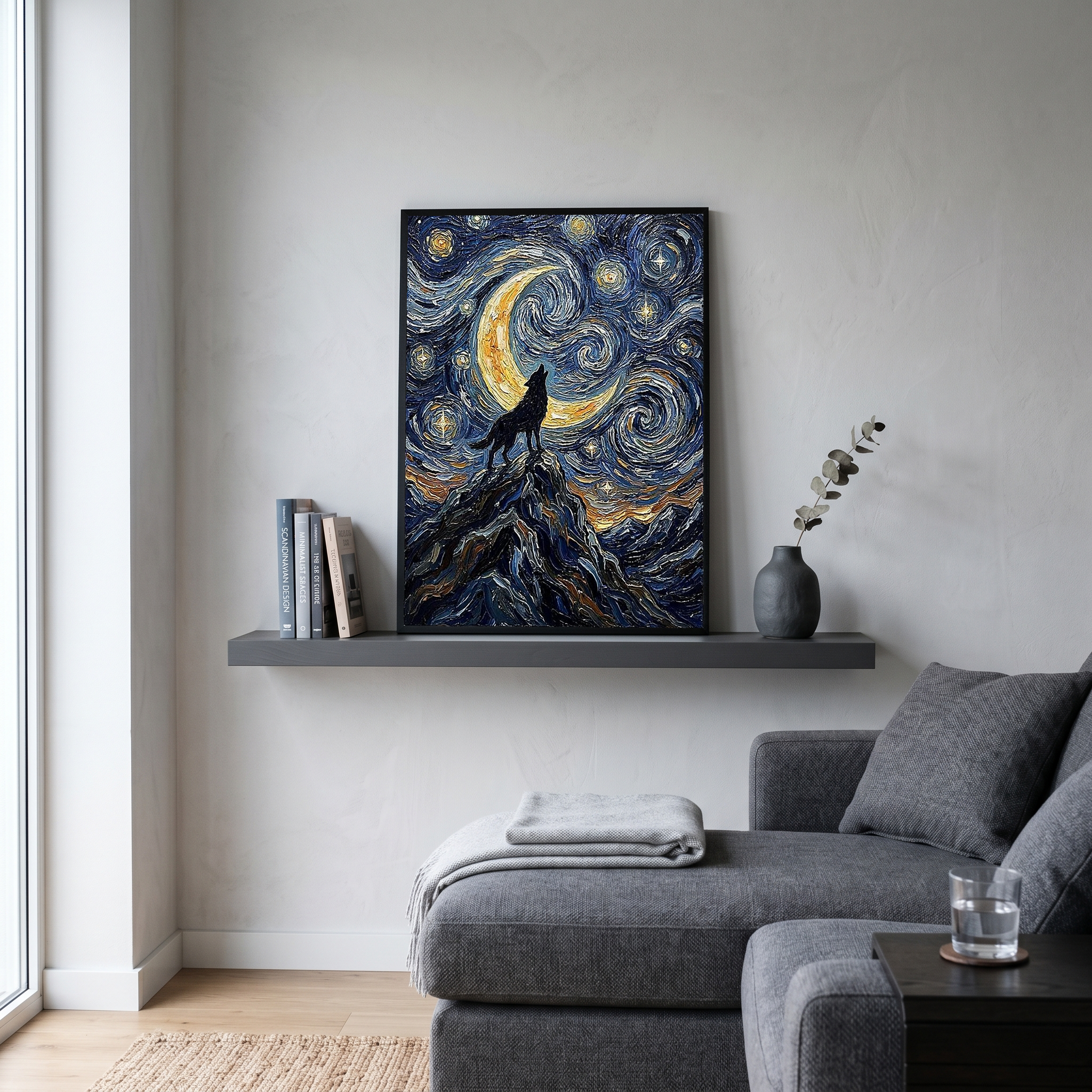 Black Wolf Howling Crescent Moon Print — Van Gogh-Style Mountain Wall Art