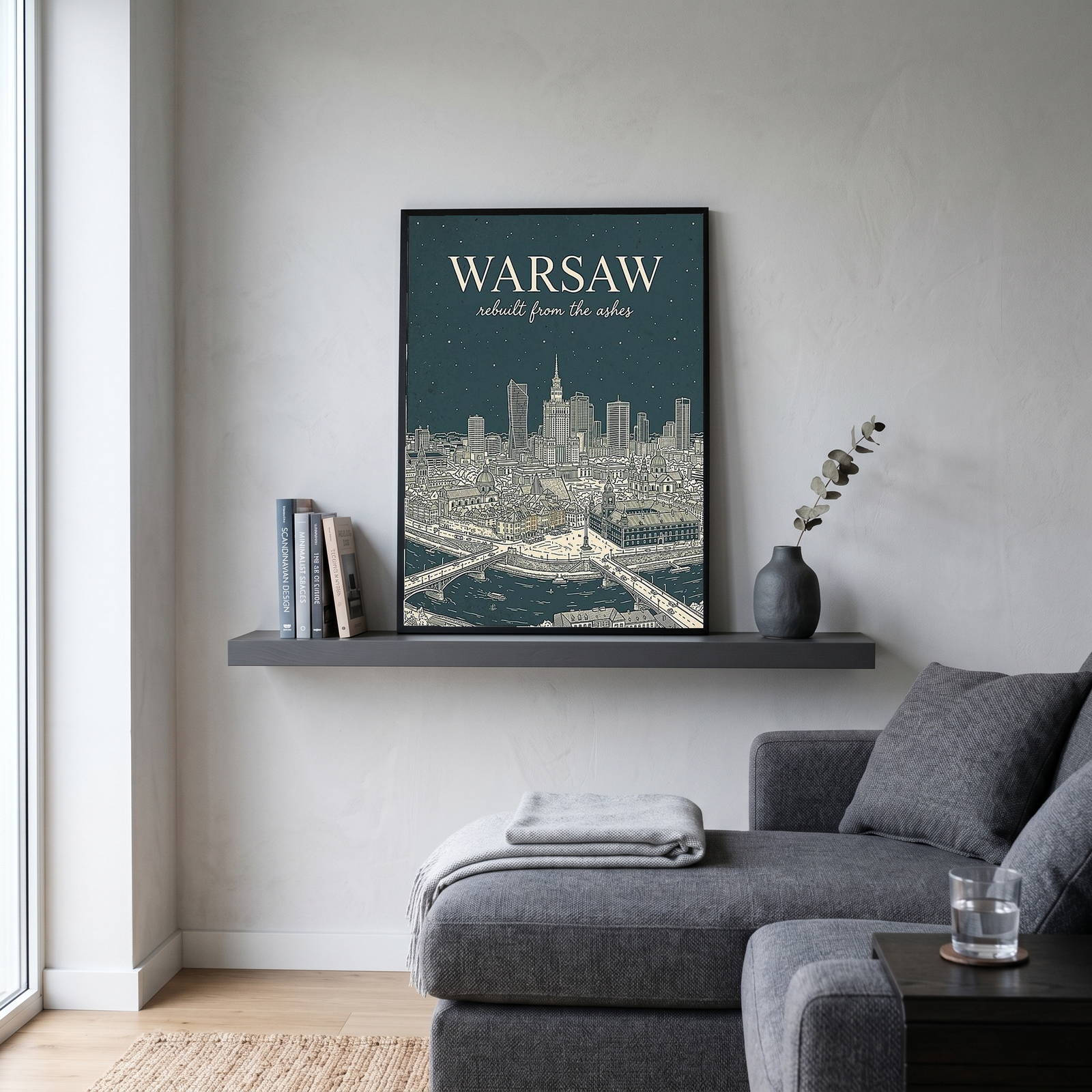Warsaw Line Art Print — Slate Old Town Palace of Culture Skyline Wall Art
