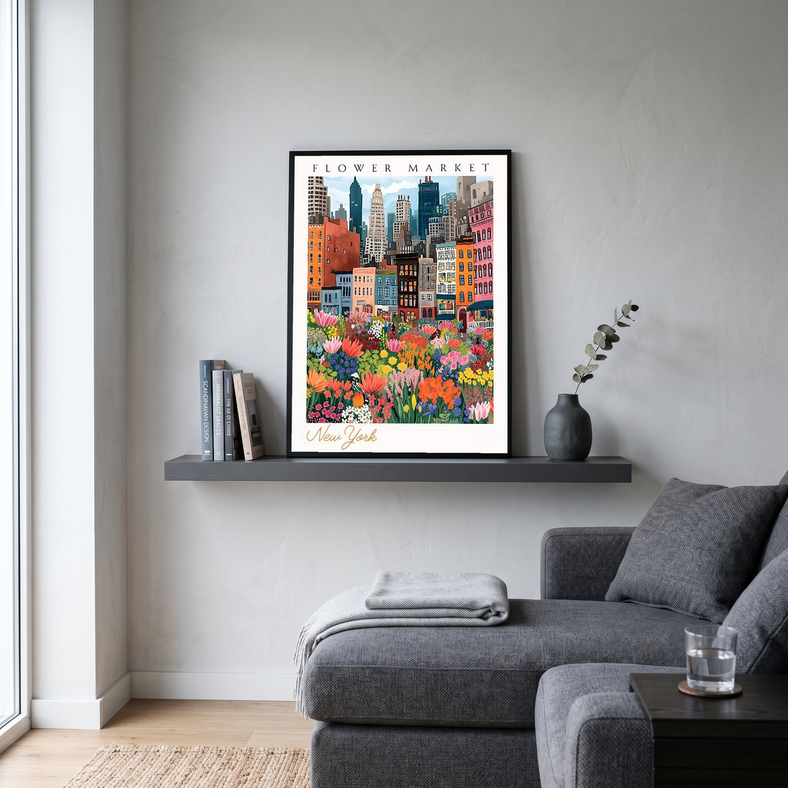 New York Flower Market Print — NYC Skyline Cityscape Botanical Art