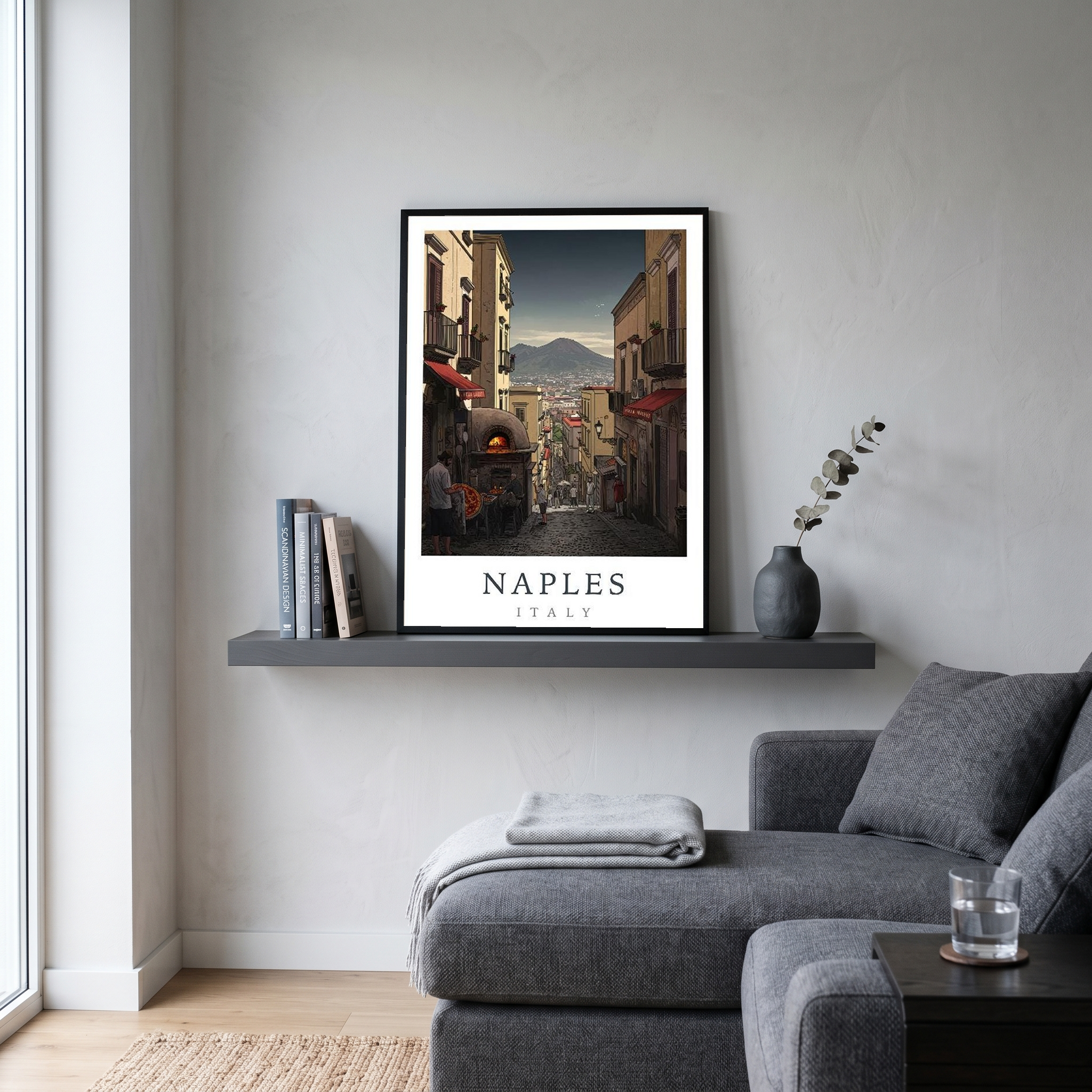 Naples Italy Travel Poster — Vesuvius Pizza Street Scene Print
