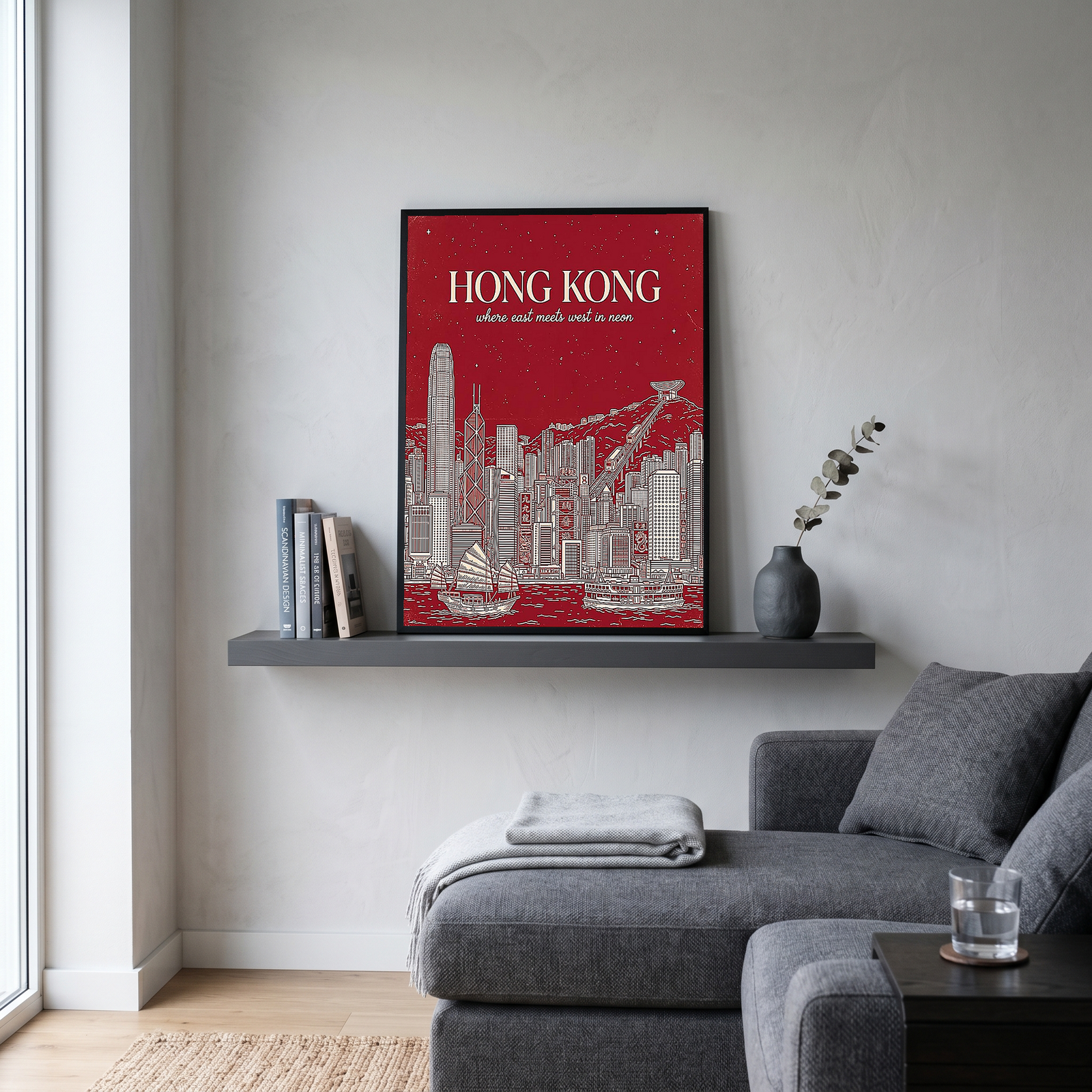 Hong Kong Line Art Print — Crimson Victoria Harbour Skyline Junk Boat Wall Art