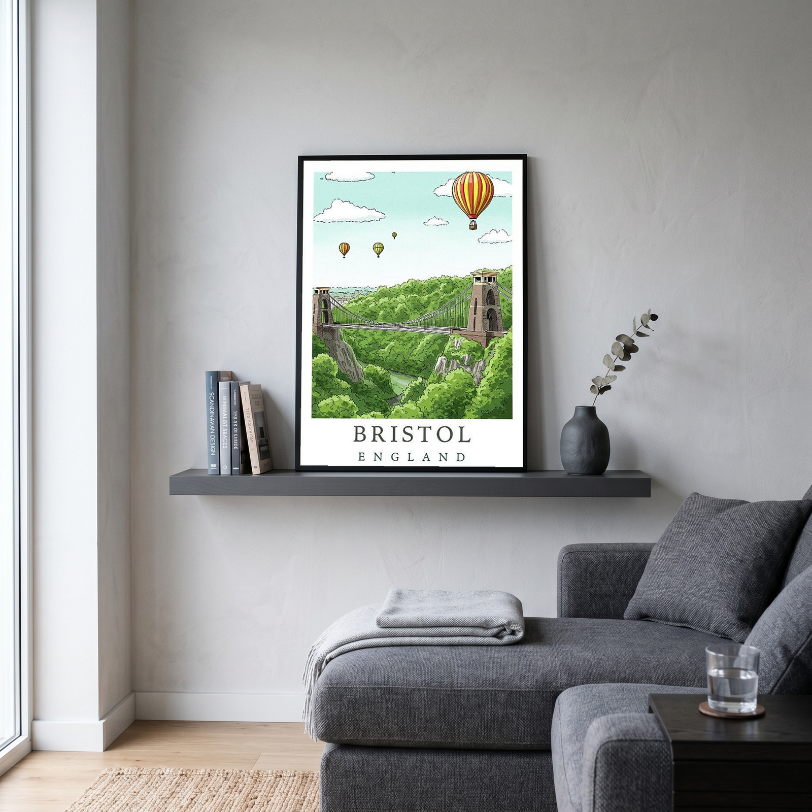 Bristol England Travel Poster — Clifton Bridge Hot Air Balloon Print
