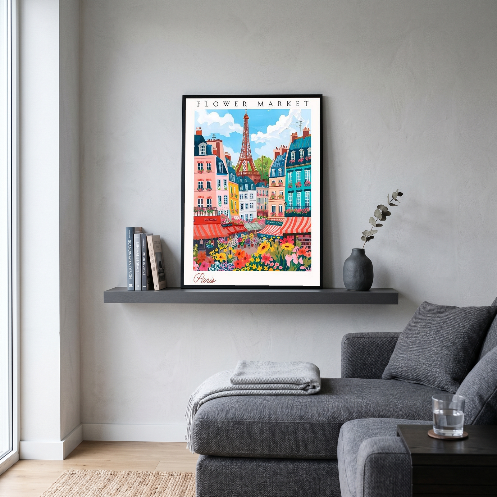 Paris Flower Market Print — Eiffel Tower Cityscape French Botanical Art