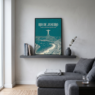 Rio de Janeiro Line Art Print — Teal Christ the Redeemer Copacabana Wall Art