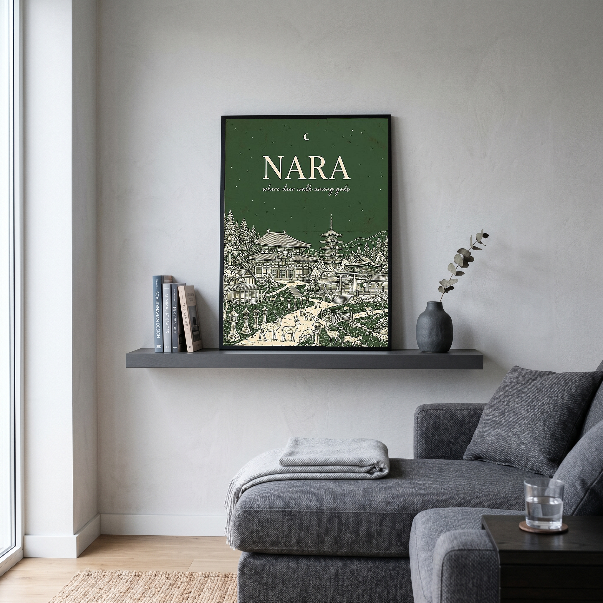 Nara Line Art Print — Forest Green Tōdai-ji Temple Pagoda Deer Wall Art