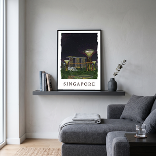 Singapore Travel Poster — Gardens by the Bay Marina Night Print