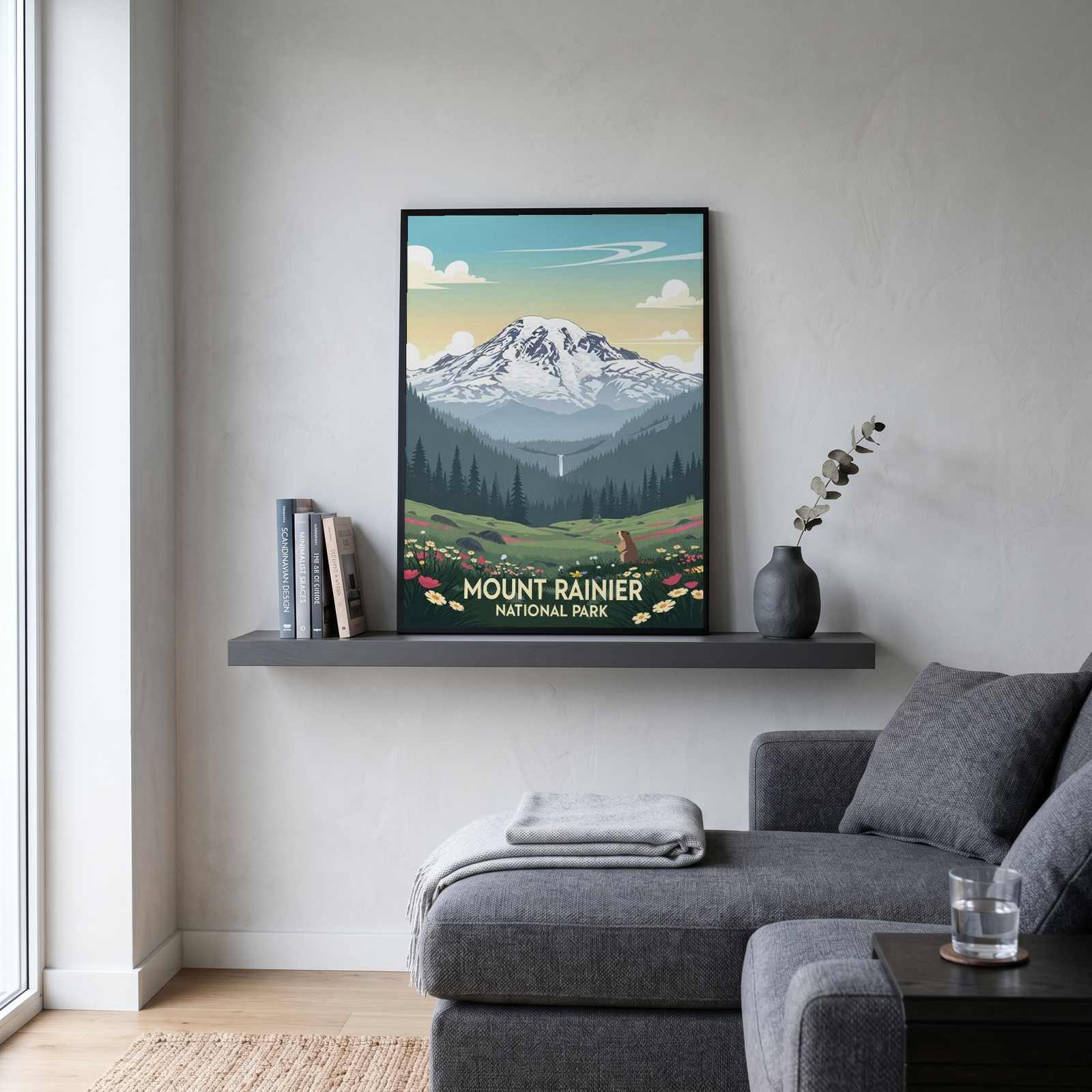 Mount Rainier National Park Poster — Vintage Washington Wildflower Marmot Print