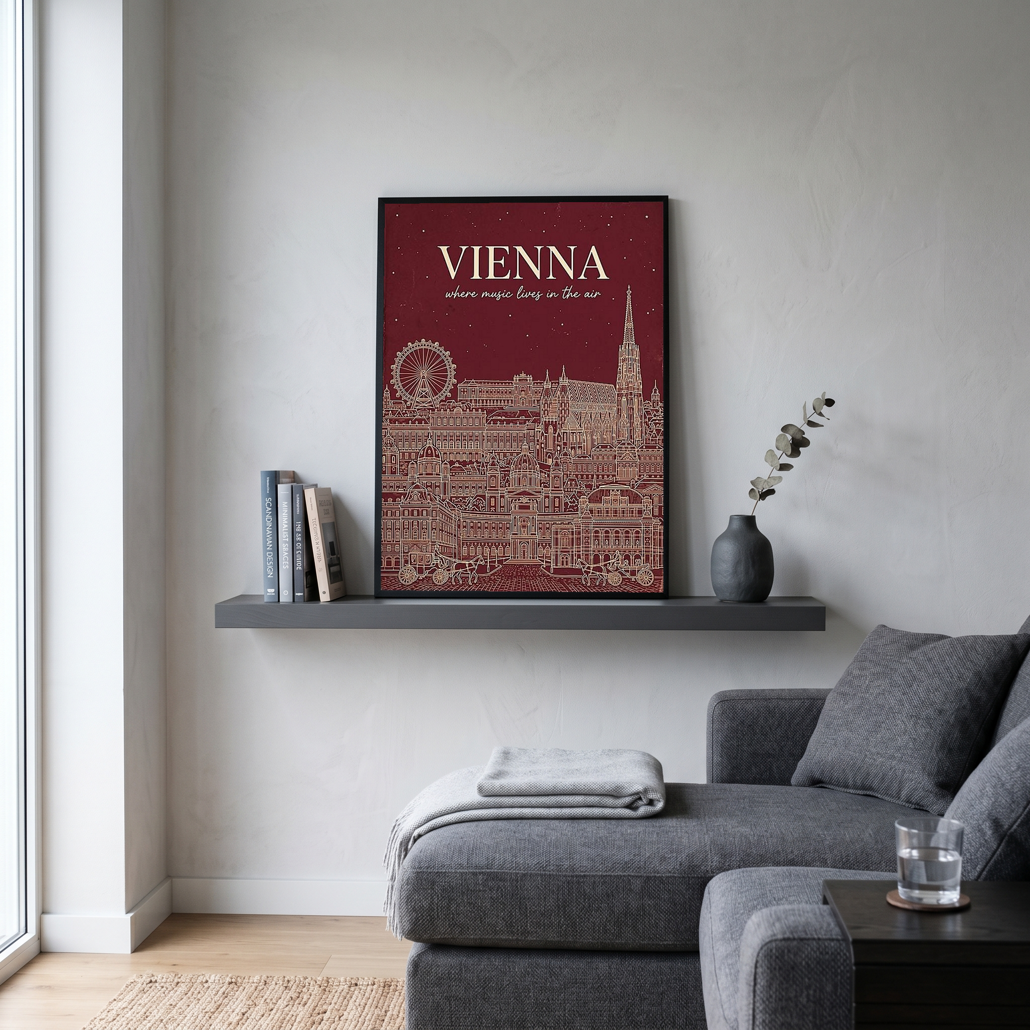 Vienna Line Art Print — Cherry Red St. Stephen's Cathedral Skyline Wall Art