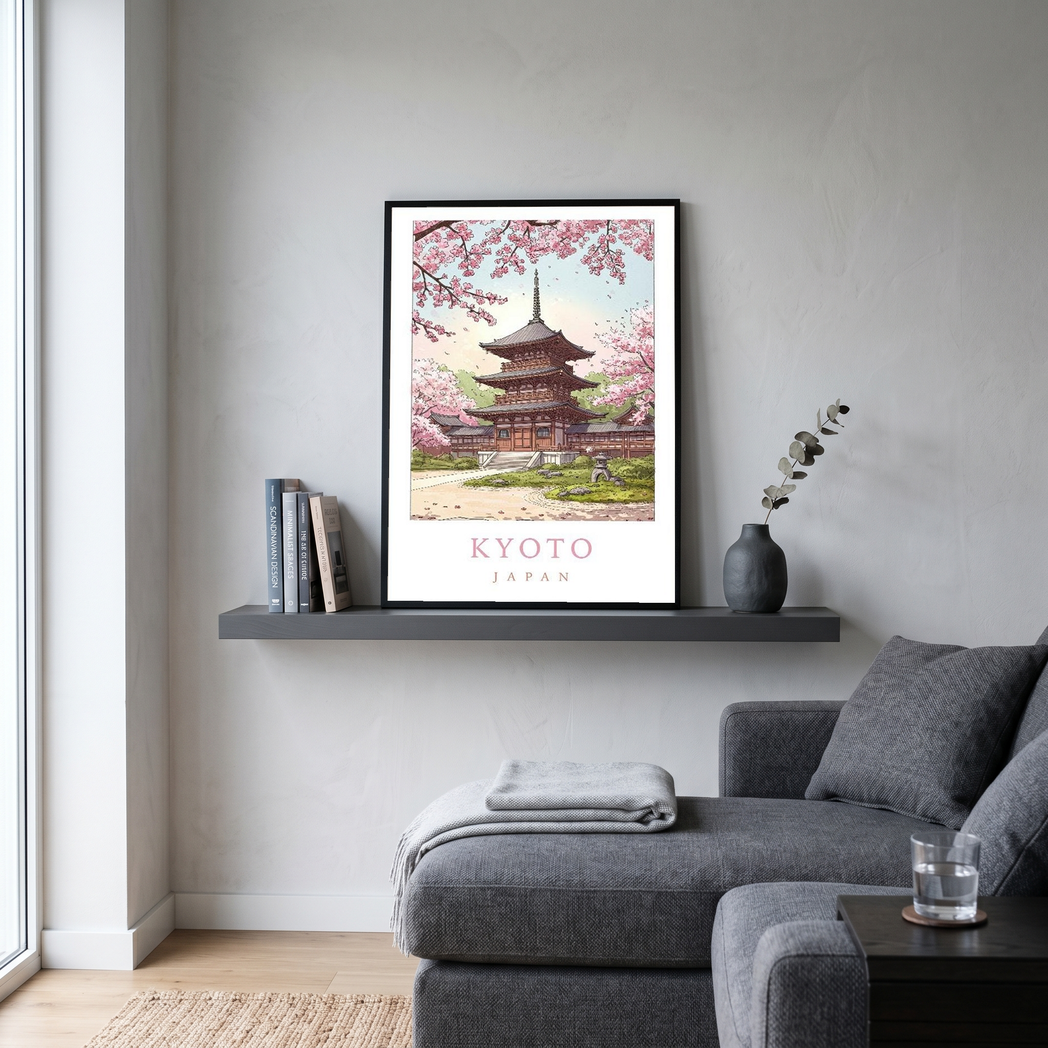 Kyoto Japan Travel Poster — Cherry Blossom Pagoda Temple Print