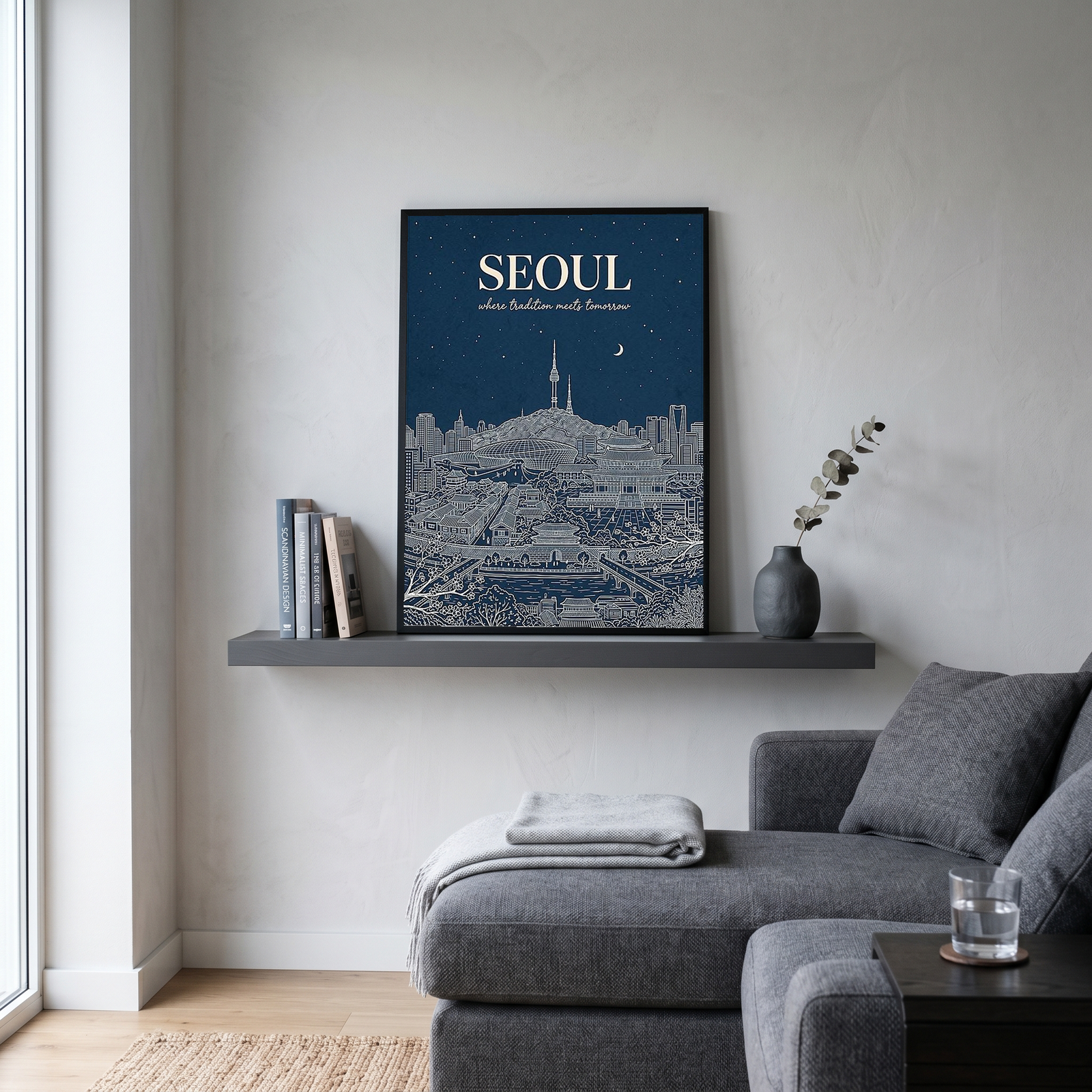 Seoul Line Art Print — Navy N Seoul Tower Gyeongbokgung Palace Skyline Wall Art