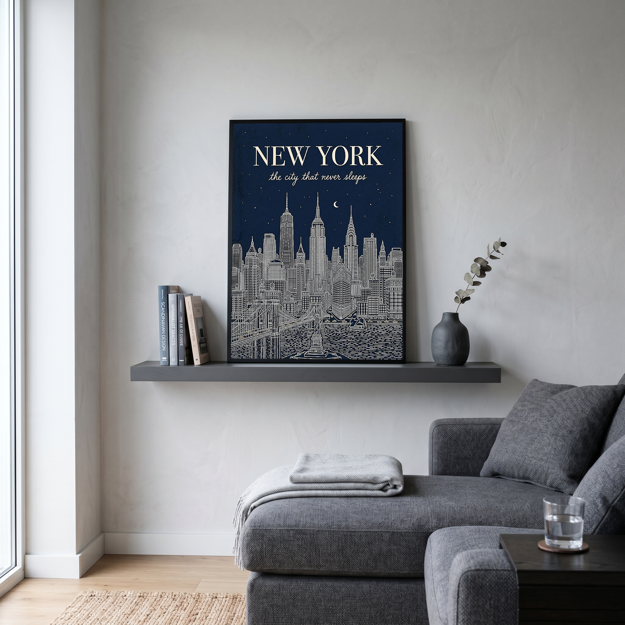 New York Line Art Print — Navy Manhattan Skyline Empire State Brooklyn Bridge Wall Art