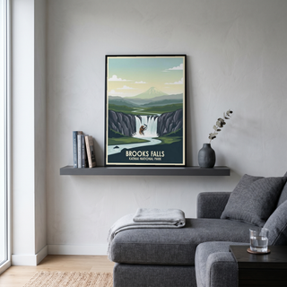 Katmai National Park Poster — Vintage Alaska Brooks Falls Brown Bear Salmon Print