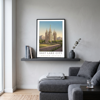 Salt Lake City Utah Travel Poster — Temple Square Wasatch Mountains Print