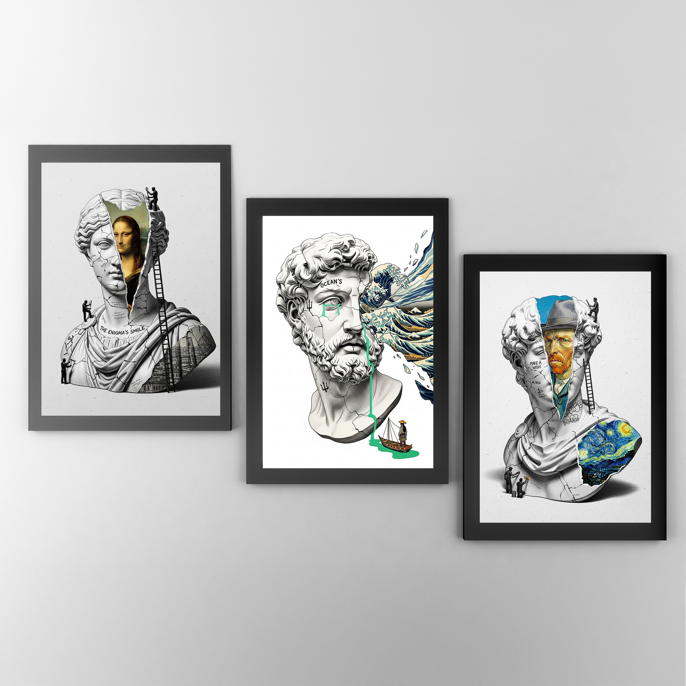 Ocean's Hokusai — Surreal Poseidon Bust Wall Art Print
