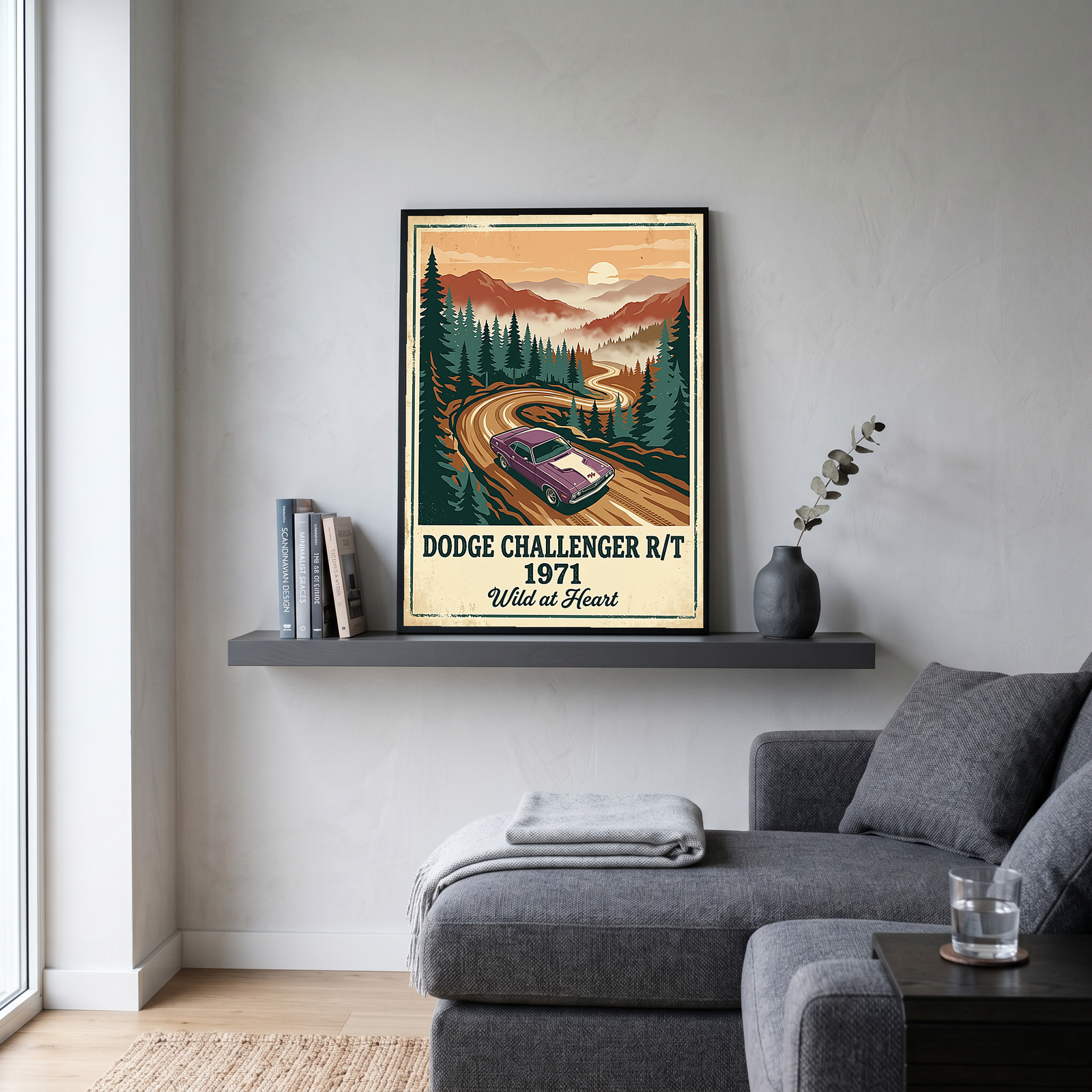 Dodge Challenger R/T 1971 V2 Poster — Vintage Muscle Misty Pine Mountain Print