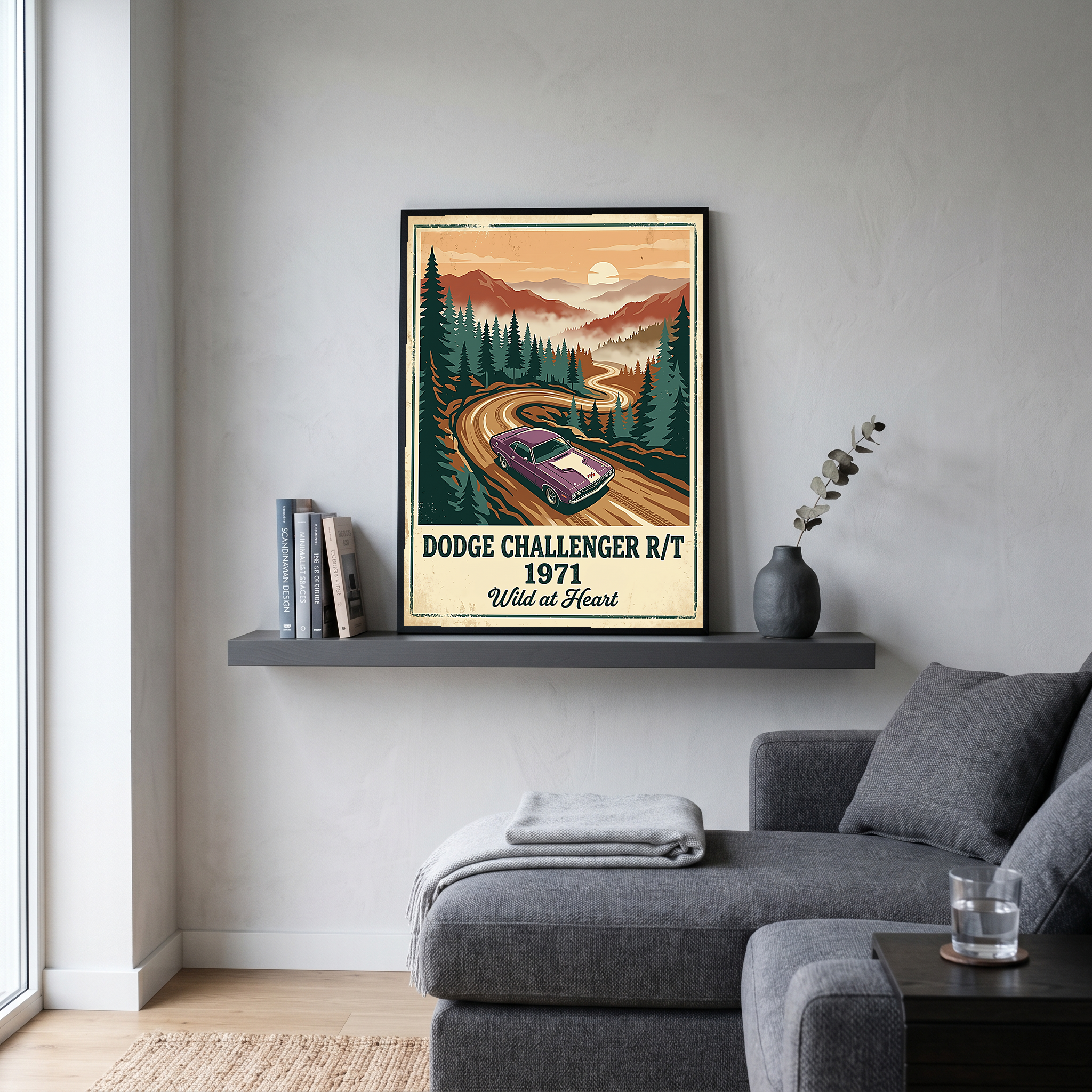 Dodge Challenger R/T 1971 V2 Poster — Vintage Muscle Misty Pine Mountain Print