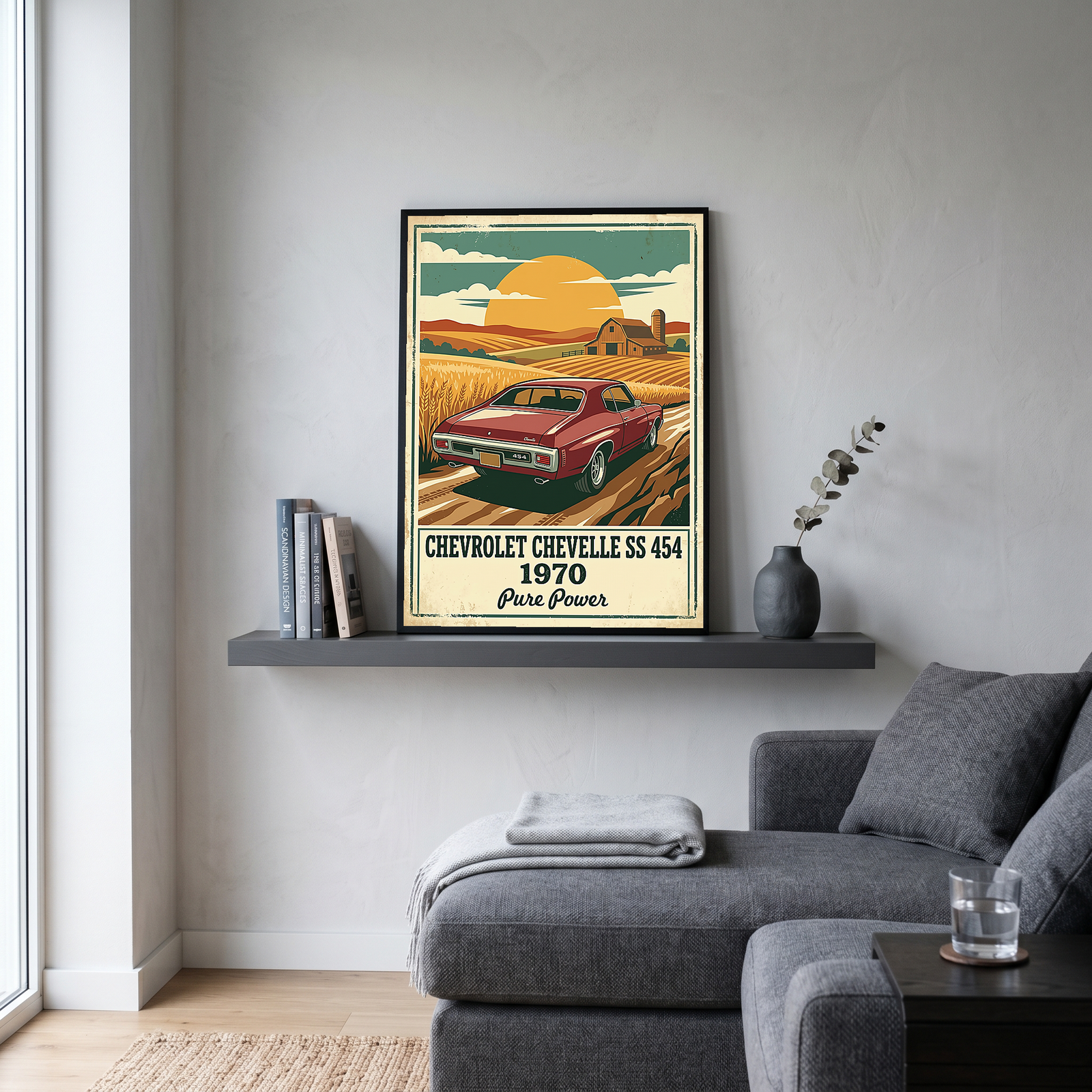 Chevrolet Chevelle SS 454 1970 V3 Poster — Vintage Muscle Car Wheat Field Barn Print