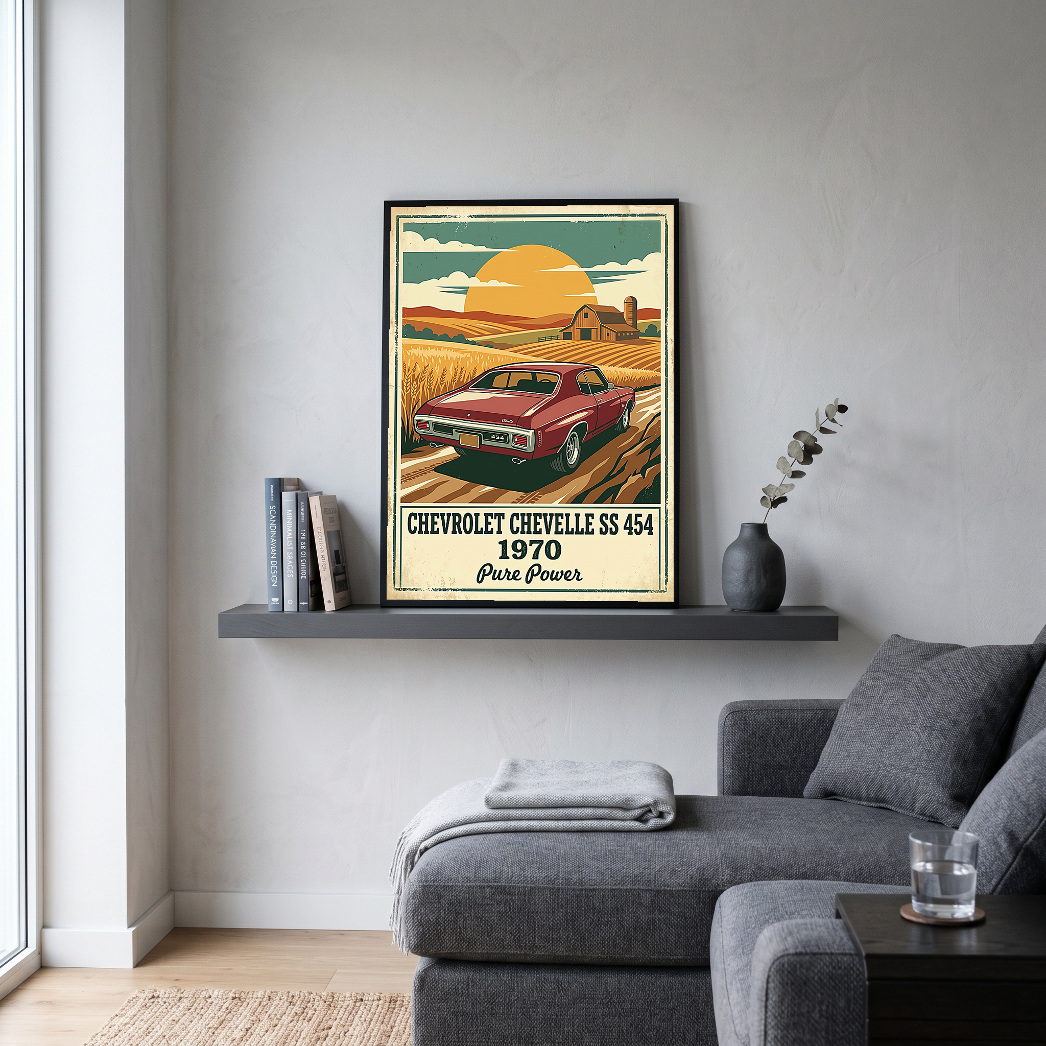 Chevrolet Chevelle SS 454 1970 V3 Poster — Vintage Muscle Car Wheat Field Barn Print