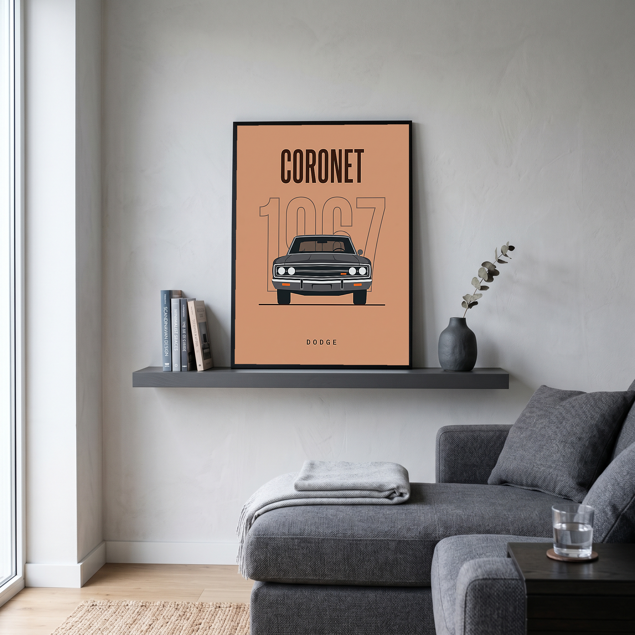 Dodge Coronet 1967 Minimalist Poster — Peach Muscle Car Line Art