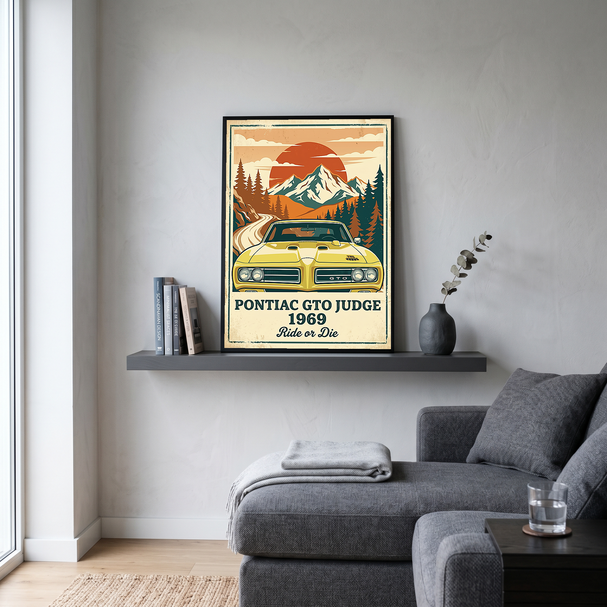 Pontiac GTO Judge 1969 Poster — Vintage Muscle Car Mountain Sunset Print