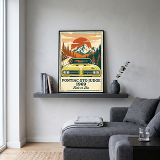 Pontiac GTO Judge 1969 Poster — Vintage Muscle Car Mountain Sunset Print