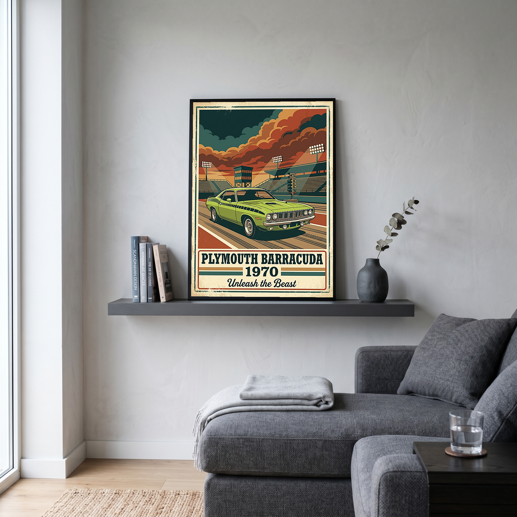 Plymouth Barracuda 1970 Poster — Vintage Muscle Car Race Track Print