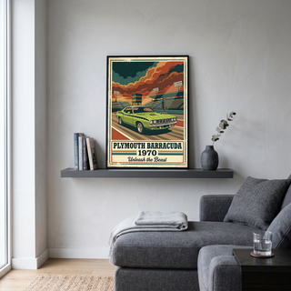 Plymouth Barracuda 1970 Poster — Vintage Muscle Car Race Track Print