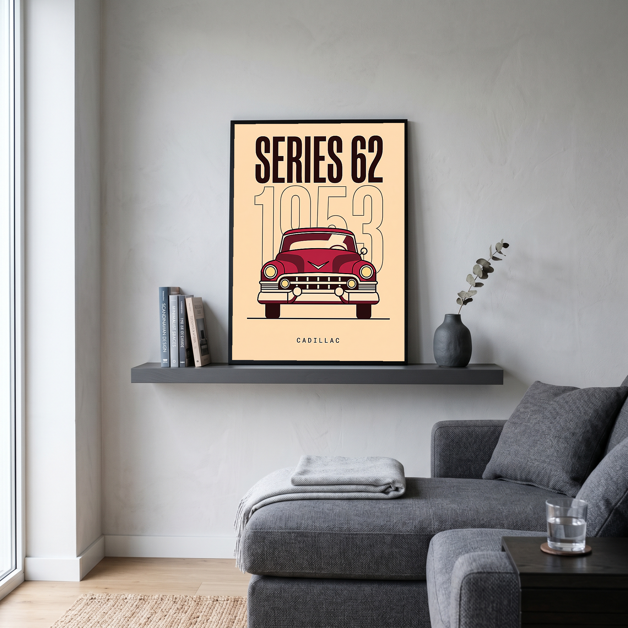Cadillac Series 62 1953 Minimalist Poster — Cream Classic Car Line Art