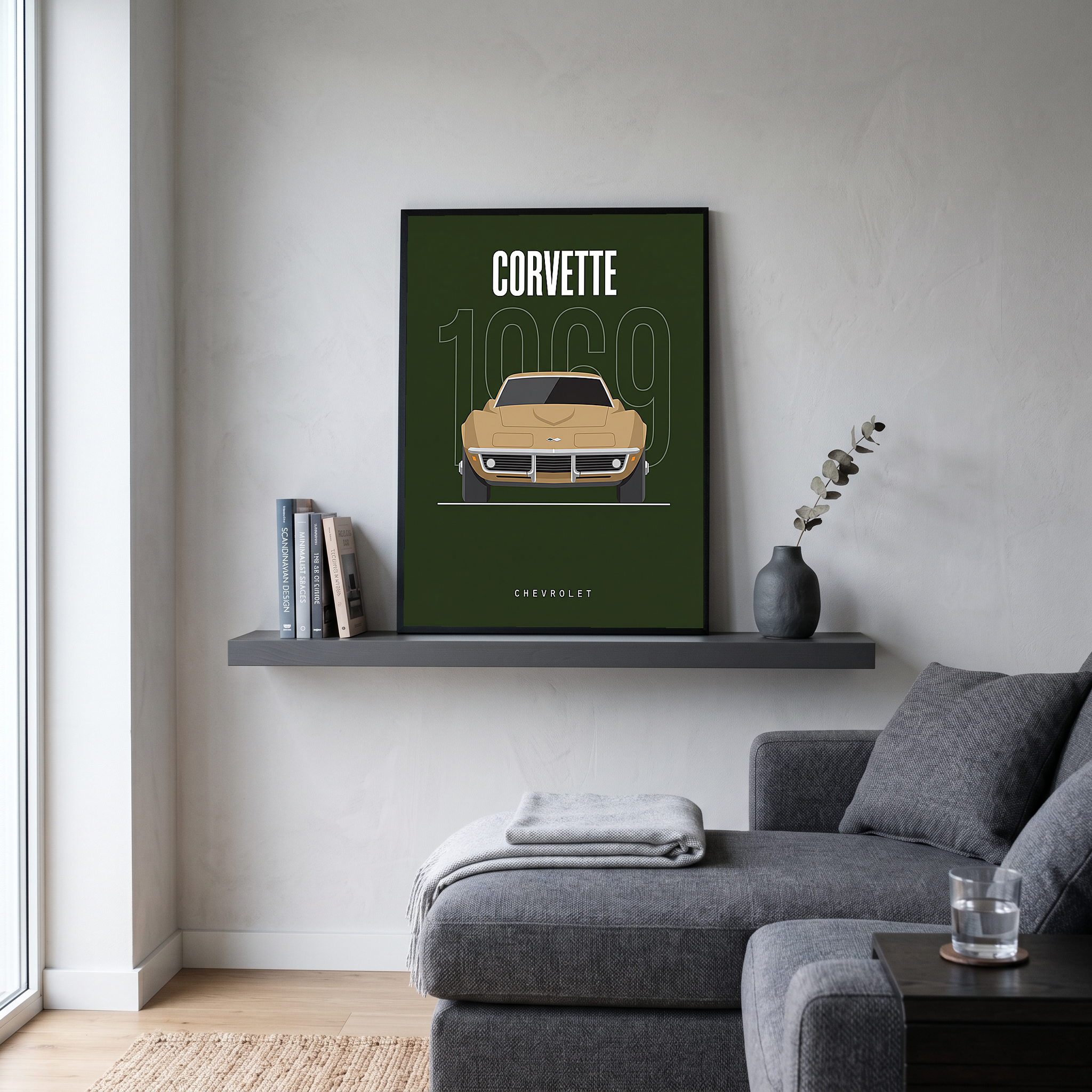 Chevrolet Corvette 1969 Minimalist Poster — Forest Green Muscle Car Line Art